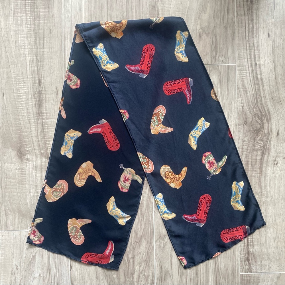 Rockmount ranch wear 100% silk long rectangle black scarf cowboy boots print